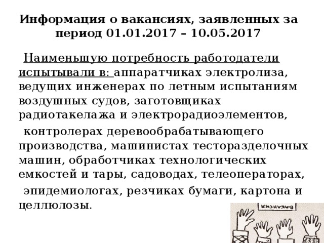 Информация о вакансиях, заявленных за период 01.01.2017 – 10.05.2017  Наименьшую потребность работодатели испытывали в: аппаратчиках электролиза, ведущих инженерах по летным испытаниям воздушных судов, заготовщиках радиотакелажа и электрорадиоэлементов,  контролерах деревообрабатывающего производства, машинистах тесторазделочных машин, обработчиках технологических емкостей и тары, садоводах, телеоператорах,  эпидемиологах, резчиках бумаги, картона и целлюлозы. 