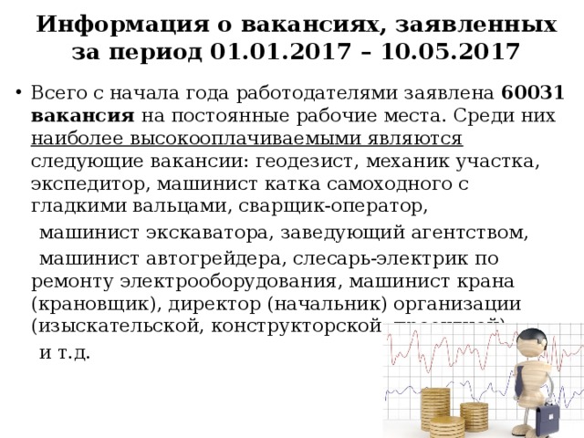 Информация о вакансиях, заявленных за период 01.01.2017 – 10.05.2017 Всего с начала года работодателями заявлена 60031 вакансия на постоянные рабочие места. Среди них наиболее высокооплачиваемыми являются следующие вакансии: геодезист, механик участка, экспедитор, машинист катка самоходного с гладкими вальцами, сварщик-оператор,  машинист экскаватора, заведующий агентством,  машинист автогрейдера, слесарь-электрик по ремонту электрооборудования, машинист крана (крановщик), директор (начальник) организации (изыскательской, конструкторской, проектной)  и т.д.    