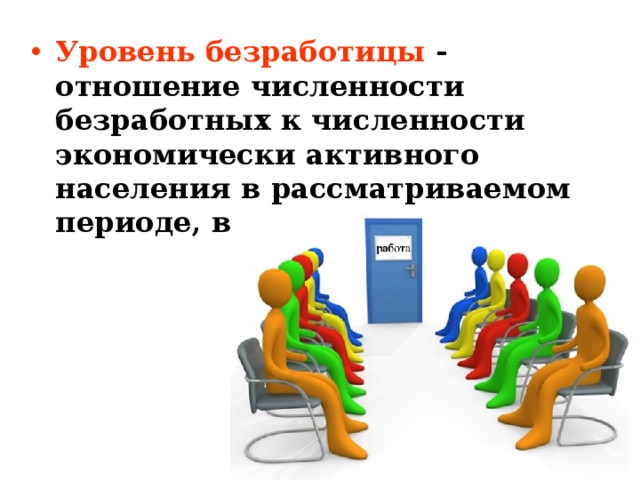 Уровень безработицы - отношение численности безработных к численности экономически активного населения в рассматриваемом периоде, в процентах. 