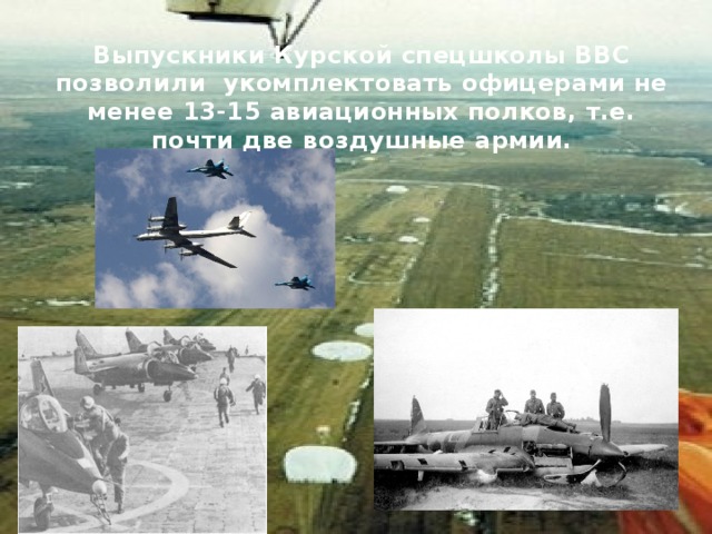 Выпускники Курской спецшколы ВВС позволили укомплектовать офицерами не менее 13-15 авиационных полков, т.е. почти две воздушные армии. 
