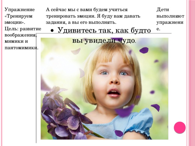 Упражнение «Тренируем эмоции». Цель: развитие воображения, мимики и пантомимики. А сейчас мы с вами будем учиться тренировать эмоции. Я буду вам давать задания, а вы его выполнять. Удивитесь так, как будто вы увидели чудо . Дети выполняют упражнение. 