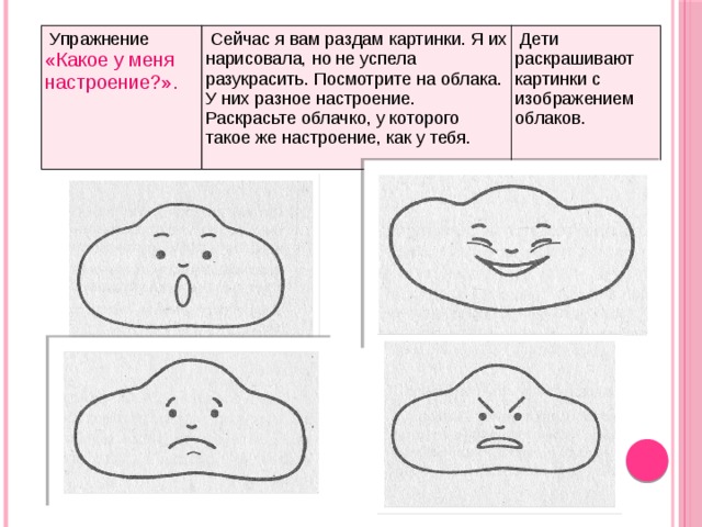   Упражнение «Какое у меня настроение?».     Сейчас я вам раздам картинки. Я их нарисовала, но не успела разукрасить. Посмотрите на облака. У них разное настроение. Раскрасьте облачко, у которого такое же настроение, как у тебя.   Дети раскрашивают картинки с изображением облаков. 