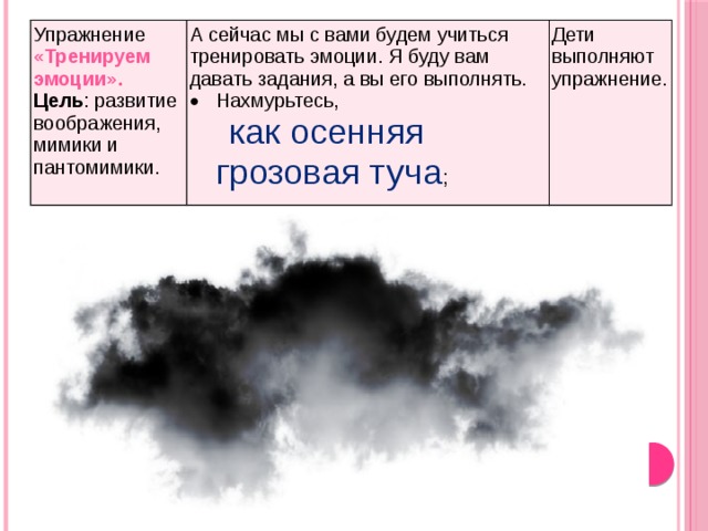 Упражнение «Тренируем эмоции». Цель : развитие воображения, мимики и пантомимики. А сейчас мы с вами будем учиться тренировать эмоции. Я буду вам давать задания, а вы его выполнять. Нахмурьтесь, Дети выполняют упражнение.  как осенняя грозовая туча ; 