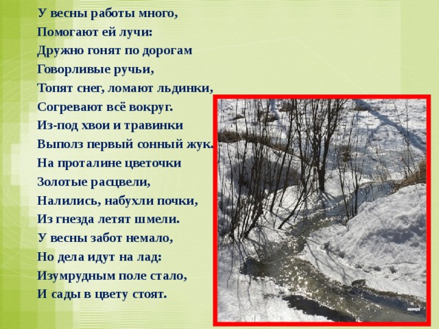 У весны работы много, Помогают ей лучи: Дружно гонят по дорогам Говорливые ручьи, Топят снег, ломают льдинки, Согревают всё вокруг. Из-под хвои и травинки Выполз первый сонный жук. На проталине цветочки Золотые расцвели, Налились, набухли почки, Из гнезда летят шмели. У весны забот немало, Но дела идут на лад: Изумрудным поле стало, И сады в цвету стоят. 