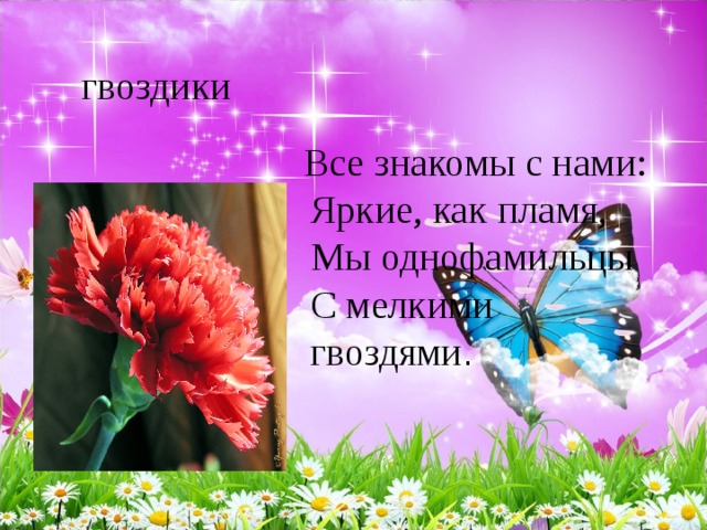  Все знакомы с нами:   Яркие, как пламя,   Мы однофамильцы   С мелкими гвоздями .   гвоздики 