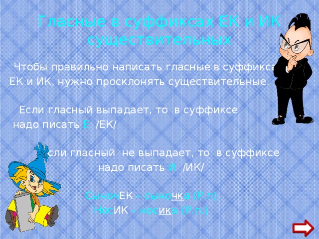 Гласные  в суффиксах ЕК и ИК существительных  Чтобы правильно написать гласные в суффиксах ЕК и ИК, нужно просклонять существительные.  Если гласный выпадает, то в суффиксе  надо писать Е /ЕК/  Если гласный не выпадает, то в суффиксе надо писать И /ИК/ Сыноч ЕК – сыно чк а (Р.п) Нос ИК – нос ик а (Р.п.) 