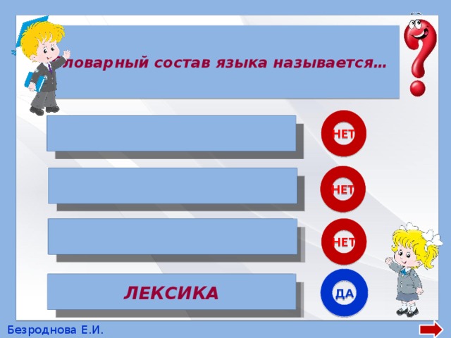 Словарный состав языка называется… НЕТ  ФОНЕТИКА НЕТ МОРФЕМИКА  НЕТ МОРФОЛОГИЯ  ДА ЛЕКСИКА ЛЕКСИКА Безроднова Е.И. 