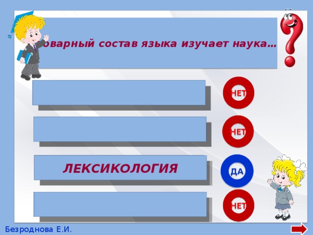 Словарный состав языка изучает наука… НЕТ  ФОНЕТИКА НЕТ МОРФЕМИКА  ДА ЛЕКСИКОЛОГИЯ ЛЕКСИКОЛОГИЯ НЕТ МОРФОЛОГИЯ  Безроднова Е.И. 