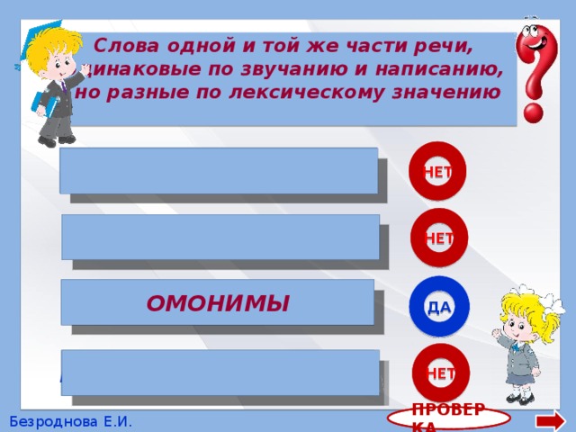 Слова одной и той же части речи, одинаковые по звучанию и написанию, но разные по лексическому значению  НЕТ СИНОНИМЫ  НЕТ АНТОНИМЫ  ДА ОМОНИМЫ ОМОНИМЫ НЕТ  МНОГОЗНАЧНЫЕ СЛОВА ПРОВЕРКА Безроднова Е.И. 