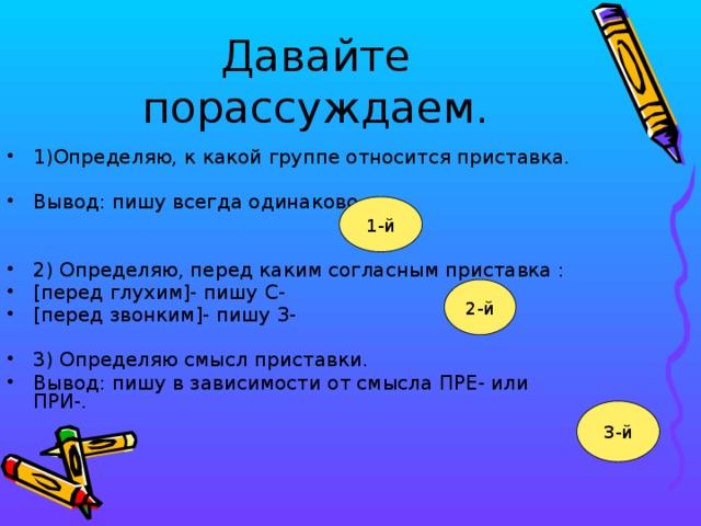Давайте порассуждаем. 1)Определяю, к какой группе относится приставка. Вывод: пишу всегда одинаково. 2) Определяю, перед каким согласным приставка : [перед глухим]- пишу С- [перед звонким]- пишу З- 3) Определяю смысл приставки. Вывод: пишу в зависимости от смысла ПРЕ- или ПРИ-. 1-й 2-й 3-й  