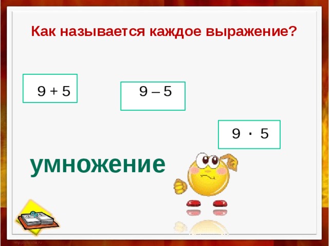 Как называется каждое выражение?  9 + 5  9 – 5   9 ∙ 5 умножение 