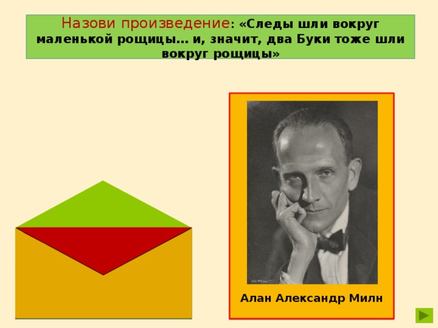Назови произведение : «Следы шли вокруг маленькой рощицы… и, значит, два Буки тоже шли вокруг рощицы» Алан Александр Милн «Винни Пух и все – все – все» 