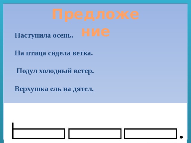 Наступила осень.  На птица сидела ветка.   Подул холодный ветер.  Верхушка ель на дятел. Предложение 
