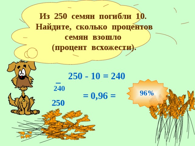 Из 250 семян погибли 10. Найдите, сколько процентов семян взошло (процент всхожести). 250 - 10 = 240 240 96% = 0,96 = Н.Я.Виленкин (2006г.) №734 _ 250 26 