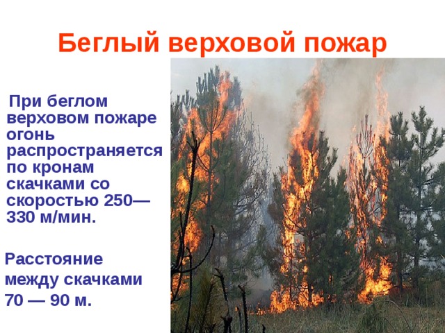 Беглый верховой пожар  При беглом верховом пожаре огонь распространяется по кронам скачками со скоростью 250—330 м/мин.   Расстояние  между скачками  70 — 90 м.  