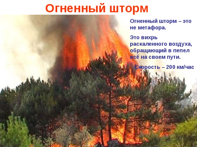 Огненный шторм Огненный шторм – это не метафора. Это вихрь раскаленного воздуха, обращающий в пепел всё на своем пути.  Скорость – 200 км/час 
