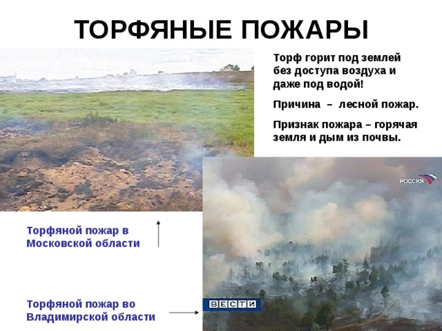 ТОРФЯНЫЕ ПОЖАРЫ Торф горит под землей без доступа воздуха и даже под водой! Причина – лесной пожар. Признак пожара – горячая земля и дым из почвы. Торфяной пожар в Московской области   Торфяной пожар во Владимирской области 