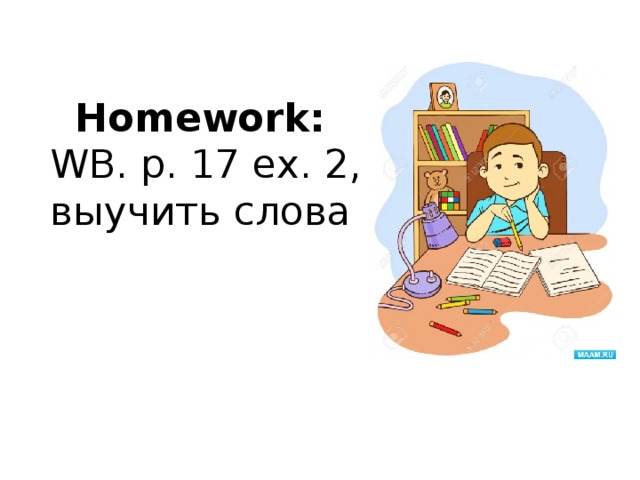 Homework:   WB. p. 17 ex. 2, выучить слова  
