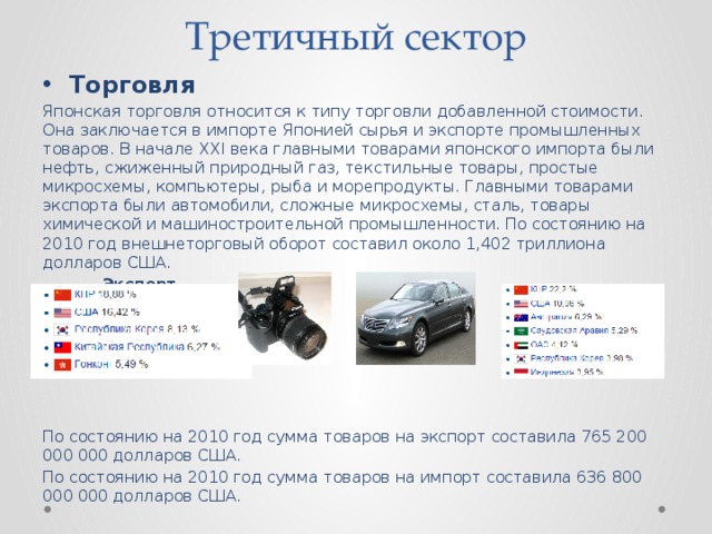 Третичный сектор   Торговля Японская торговля относится к типу торговли добавленной стоимости. Она заключается в импорте Японией сырья и экспорте промышленных товаров. В начале XXI века главными товарами японского импорта были нефть, сжиженный природный газ, текстильные товары, простые микросхемы, компьютеры, рыба и морепродукты. Главными товарами экспорта были автомобили, сложные микросхемы, сталь, товары химической и машиностроительной промышленности. По состоянию на 2010 год внешнеторговый оборот составил около 1,402 триллиона долларов США.  Экспорт Импорт      По состоянию на 2010 год сумма товаров на экспорт составила 765 200 000 000 долларов США. По состоянию на 2010 год сумма товаров на импорт составила 636 800 000 000 долларов США.  