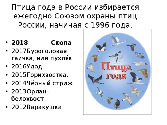 Птица года в России избирается ежегодно Союзом охраны птиц России, начиная с 1996 года. 2018 Скопа 2017  Буроголовая гаичка, или пухля́к 2016  Удод 2015  Горихвостка. 2014  Чёрный стриж 2013  Орлан-белохвост 2012  Варакушка. 