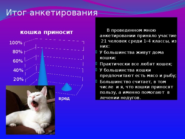 Итог анкетирования  В проведенном мною анкетировании приняло участие 21 человек среди 1-4 классы, из них: У большинства живут дома кошки; Практически все любят кошек; У большинства кошки предпочитают есть мясо и рыбу; Большинство считает, в том числе и я, что кошки приносят пользу, а именно помогают в лечении недугов. 