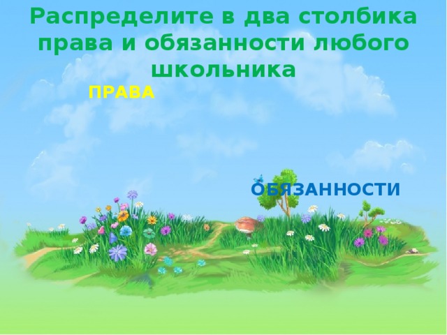 Распределите в два столбика права и обязанности любого школьника ПРАВА ОБЯЗАННОСТИ 