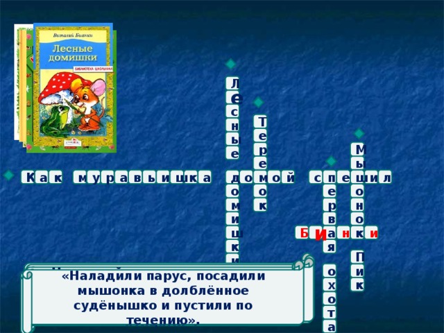 Л е с Т н е ы М р е ы е ш ш р и ь в а о К е д а а у м п с й о к м к л и о е о о к н м р в о и н Б и к и а ш я к П «Залез муравей на берёзу. Долез до вершины, посмотрел вниз, а там, на земле, его родной муравейник чуть виден». и «Береговушке очень понравился её шалашик из сухой травы и мха. «Тут и пол, и стены, и крыша…» «На третий год узнал про то дупло желтоглазый Сыч. Прилетел. Видит – дуб, в дубу – дырка с кошачью голову» «Наладили парус, посадили мышонка в долблённое судёнышко и пустили по течению». «Надоело Щенку гонять кур во дворе. «Пойду-ка,- думает, - на охоту за дикими зверями и птицами». о и х к о т а 
