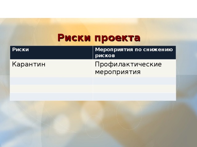  Риски проекта Риски Мероприятия по снижению рисков Карантин Профилактические мероприятия  