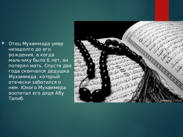 Отец Мухаммада умер незадолго до его рождения, а когда мальчику было 6 лет, он потерял мать. Спустя два года скончался дедушка Мухаммеда, который отечески заботился о нем. Юного Мухаммеда воспитал его дядя Абу Талиб.    