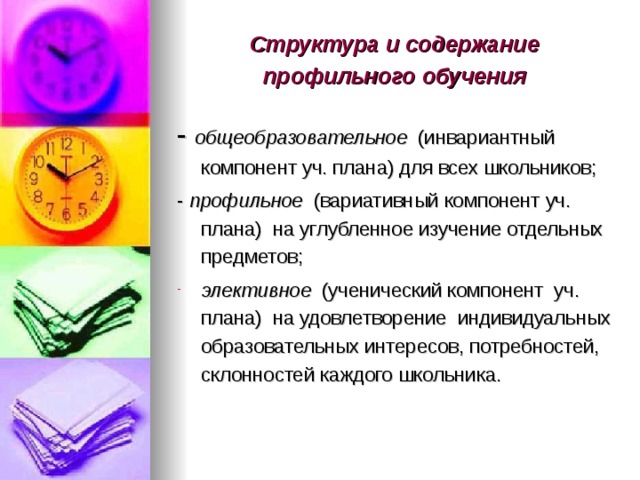 Структура и содержание профильного обучения -  общеобразовательное (инвариантный компонент уч. плана) для всех школьников; - профильное (вариативный компонент уч. плана) на углубленное изучение отдельных предметов; элективное (ученический компонент уч. плана) на удовлетворение индивидуальных образовательных интересов, потребностей, склонностей каждого школьника. 