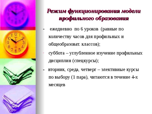 Режим функционирования модели профильного образования - ежедневно по 6 уроков (равные по количеству часов для профильных и общеобразоват. классов); суббота – углубленное изучение профильных дисциплин (спецкурсы); - вторник, среда, четверг – элективные курсы по выбору (1 пара), читаются в течение 4-х месяцев 