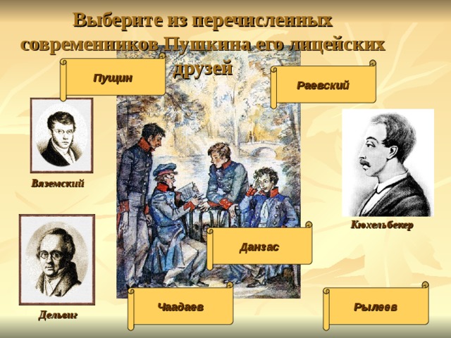 Выберите из перечисленных современников Пушкина его лицейских друзей Пущин Раевский Вяземский Кюхельбекер Данзас Рылеев Чаадаев Дельвиг 