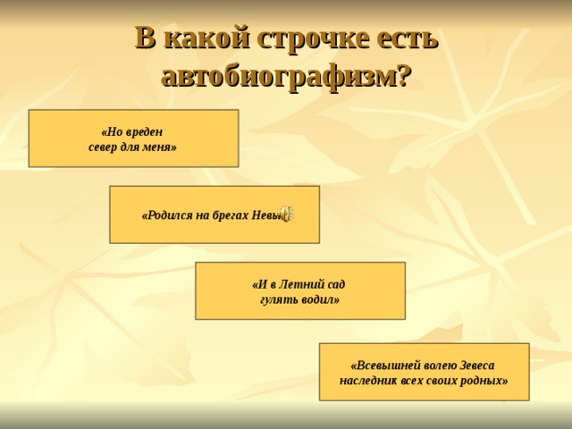 В какой строчке есть автобиографизм? «Но вреден север для меня» «Родился на брегах Невы» «И в Летний сад гулять водил» «Всевышней волею Зевеса наследник всех своих родных» 