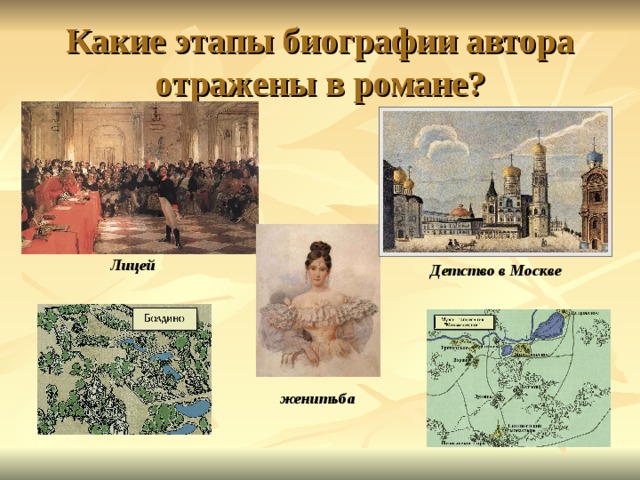 Какие этапы биографии автора отражены в романе? Лицей Детство в Москве женитьба 