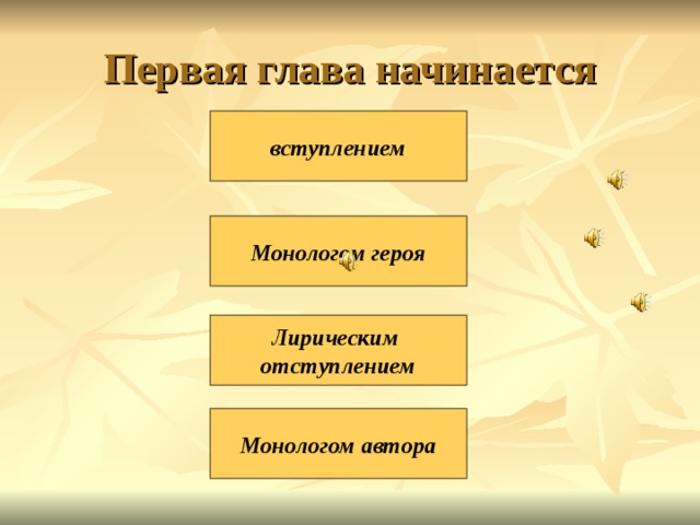 Первая глава начинается вступлением Монологом героя Лирическим отступлением Монологом автора 