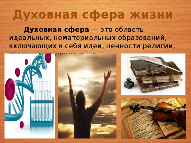 Духовная сфера жизни  Духовная сфера — это область идеальных, нематериальных образований, включающих в себя идеи, ценности религии, искусства, морали и т.д. 4 