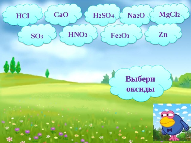 HCl MgCl 2 CaO Na 2 O H 2 SO 4 HNO 3 Zn Fe 2 O 3 SO 3 Выбери оксиды 