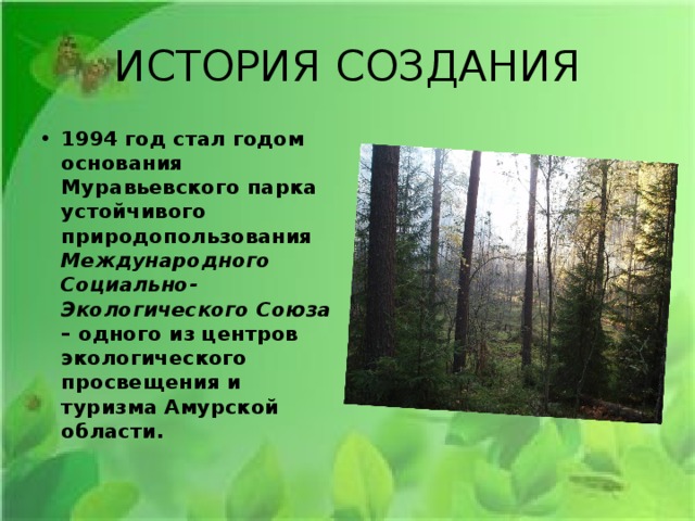 ИСТОРИЯ СОЗДАНИЯ 1994 год стал годом основания Муравьевского парка устойчивого природопользования Международного Социально-Экологического Союза – одного из центров экологического просвещения и туризма Амурской области. 