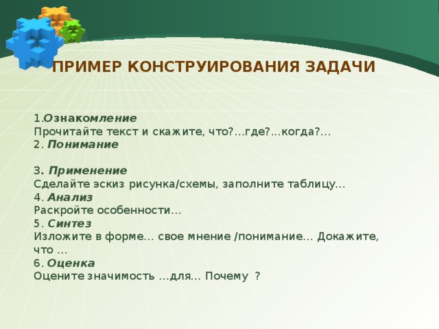Пример конструирования задачи   1. О знако мление  Прочитайте текст и скажите, что?...где?...когда?... 2. Понимание  3 . Применение Сделайте эскиз рисунка/схемы, заполните таблицу… 4. Анализ Раскройте особенности… 5. Синтез Изложите в форме… свое мнение /понимание… Докажите, что ... 6. Оценка Оцените значимость …для… Почему ? 