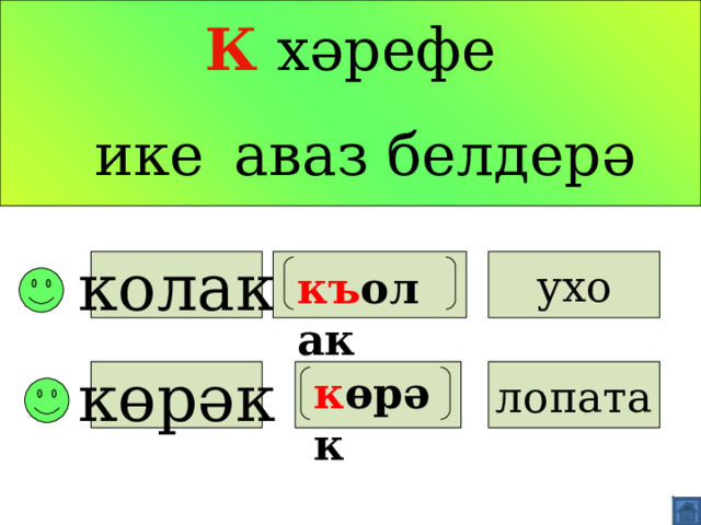 К  хәрефе   ике  аваз белдерә колак ухо  к ъ олак  көрәк к өрәк лопата   