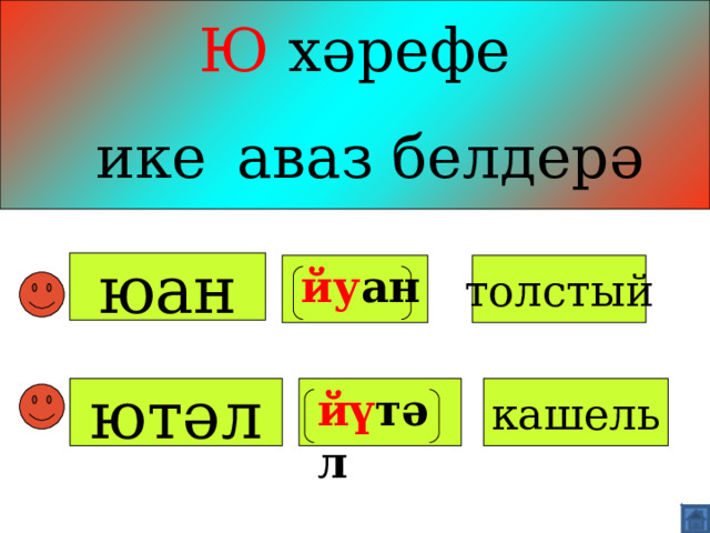 Ю хәрефе   ике  аваз белдерә юан толстый йу ан   ютәл  йү тәл кашел ь   