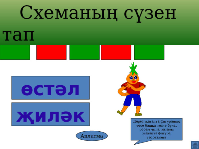  Схеманың сүзен тап өстәл җиләк Дөрес җавапта фигураның төсе башка төсле була, рәсем чыга, хаталы җавапта фигура төссезләнә Аңлатма 