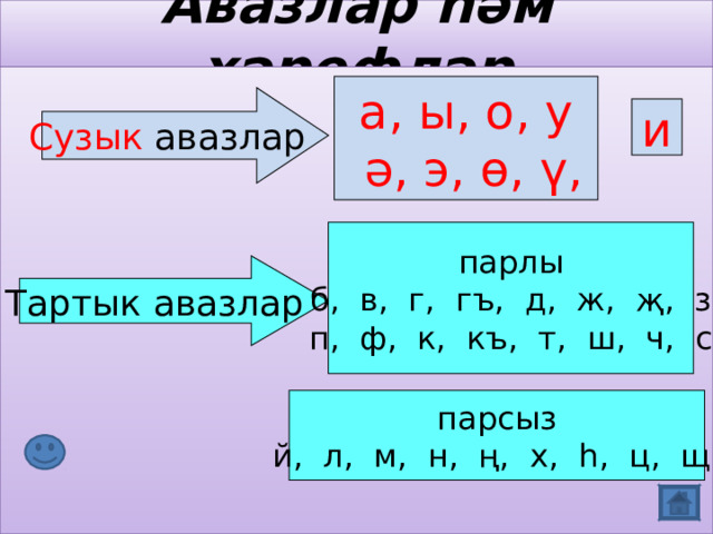 Авазлар һәм хәрефләр а, ы, о, у  ә, э, ө, ү,  Сузык авазлар и парлы б, в, г, гъ, д, ж, җ, з п, ф, к, къ, т, ш, ч, с Тартык авазлар парсыз й, л, м, н, ң, х, һ, ц, щ, 
