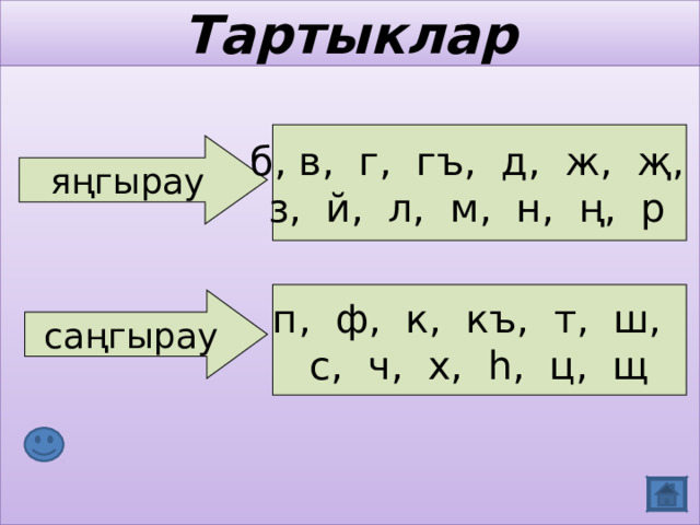 Тартыклар б, в, г, гъ, д, ж, җ, з, й, л, м, н, ң, р яңгырау п, ф, к, къ, т, ш, с, ч, х, һ, ц, щ саңгырау 