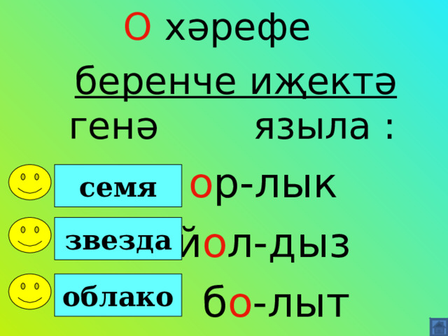  О хәрефе  беренче иҗектә генә языла :  о р-лык  й о л-дыз  б о -лыт семя  звезда  облако  