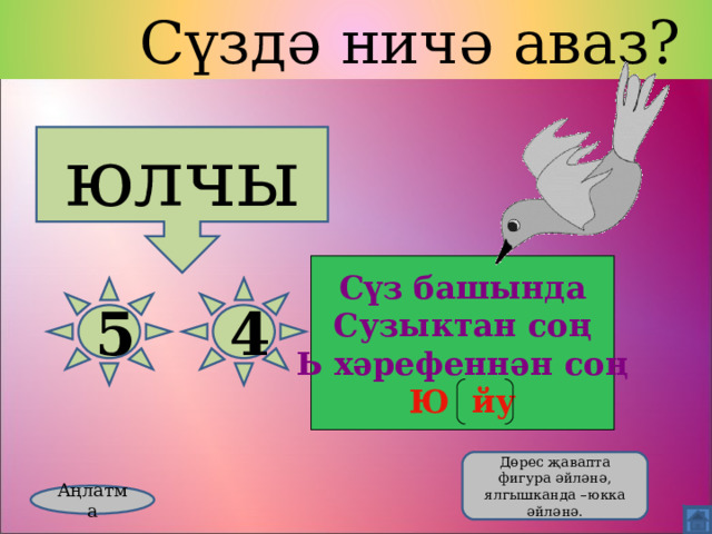  Сүздә ничә аваз? юлчы Сүз башында Сузыктан соң Ь хәрефеннән соң Ю йу 5 4  Дөрес җавапта фигура әйләнә, ялгышканда –юкка әйләнә. Аңлатма 