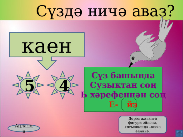  Сүздә ничә аваз? каен Сүз башында Сузыктан соң Ь хәрефеннән соң Е- йэ 5 4  Дөрес җавапта фигура әйләнә, ялгышканда –юкка әйләнә. Аңлатма 