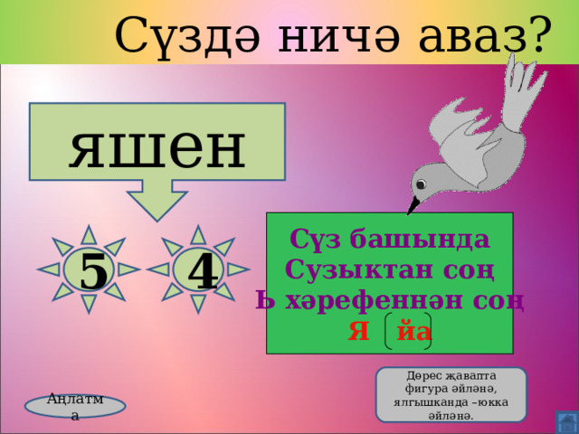  Сүздә ничә аваз? яшен Сүз башында Сузыктан соң Ь хәрефеннән соң Я йа 5 4  Дөрес җавапта фигура әйләнә, ялгышканда –юкка әйләнә. Аңлатма 