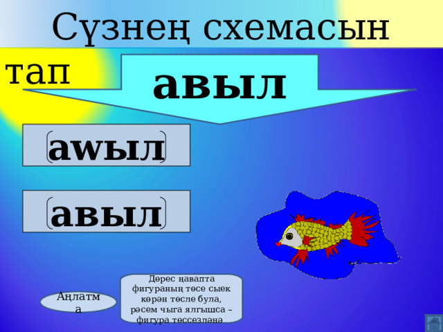  Сүзнең схемасын тап авыл а w ыл  авыл  Дөрес ңавапта фигураның төсе сыек көрән төсле була, рәсем чыга ялгышса –фигура төссезләнә Аңлатма 