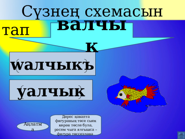  Сүзнең схемасын тап валчык w алчыкъ  уалчык  Дөрес ңавапта фигураның төсе сыек көрән төсле була, рәсем чыга ялгышса –фигура төссезләнә Аңлатма 